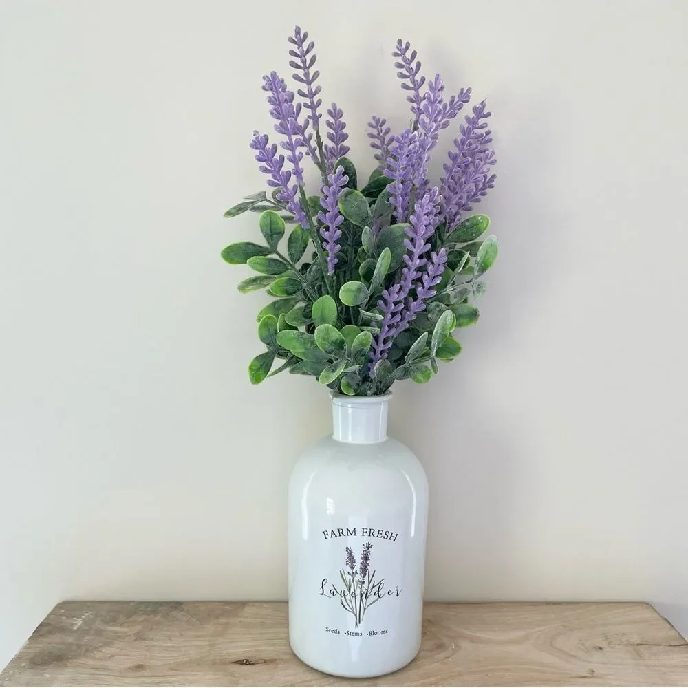 Handmade Artificial Lavender Arrangement in Milk Glass Vase